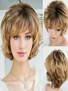 Short Mixed Hair Wig, Natural Curly Fiber Full Wig with Bangs, Synthetic Wave Short Wig, Easy-To-Style Hairpiece for Daily Use
