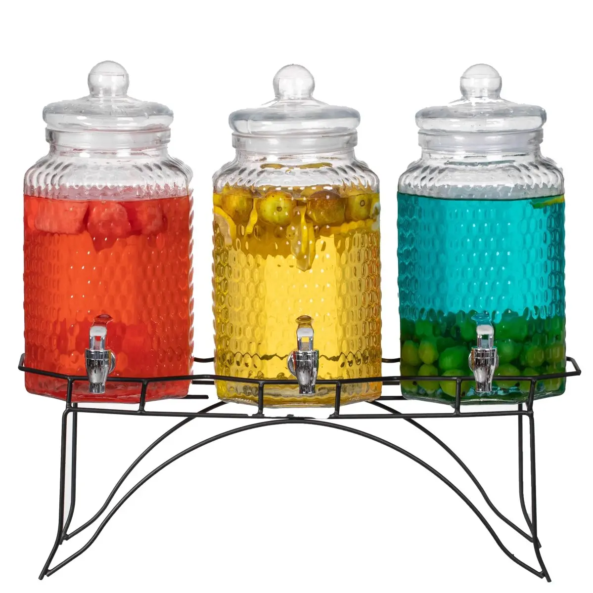 Basicwise QI004714 3-Piece Sturdy Glass Jar Drink Dispenser Set with Metal Stand, Stainless Steel Spigot - Stylish Indoor Serving Jugs for Tea, Lemonade, Water, Aesthetic