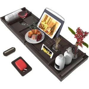 Bathtub Caddy Tray for Luxury Bath - Bamboo Waterproof Expandable Bath Table Over Tub with Wine and Book Holder and Free Soap Dish (Brown)