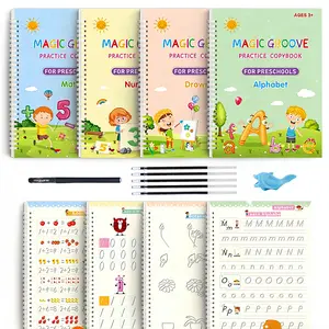 Magic Handwriting Practice Books Set for Kids - 4 Reusable Grooved Letter Tracing Books with Cartoon Pen, Pen Holding Aid & 10 Refills Student Essentials