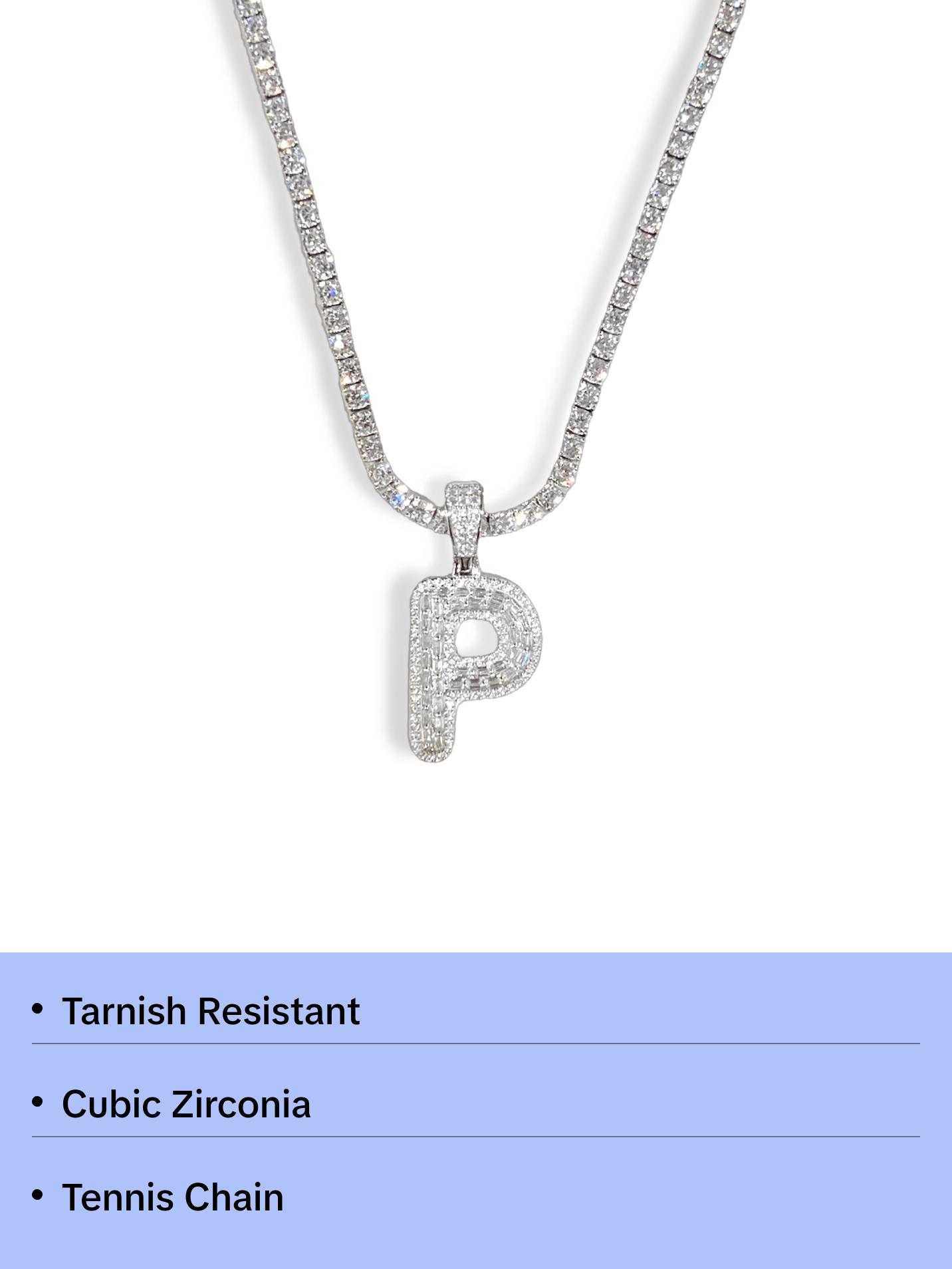 SILVER ICY INITIAL BAGUETTE II TENNIS necklace