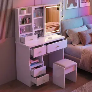 Vanity Desk With Sliding Mirror And Lights, 3 Color Lighting Modes Brightness Adjustable, Makeup Vanity Set With Drawers, Stool And Open Shelves, Dressing Table For Bedroom