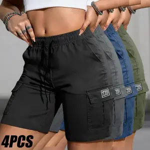 4-pack women’s summer fashion casual cargo shorts featuring an elastic drawstring waist, adjustable design with extra pockets—ideal for everyday wear; women’s cargo shorts for a summery vibe.