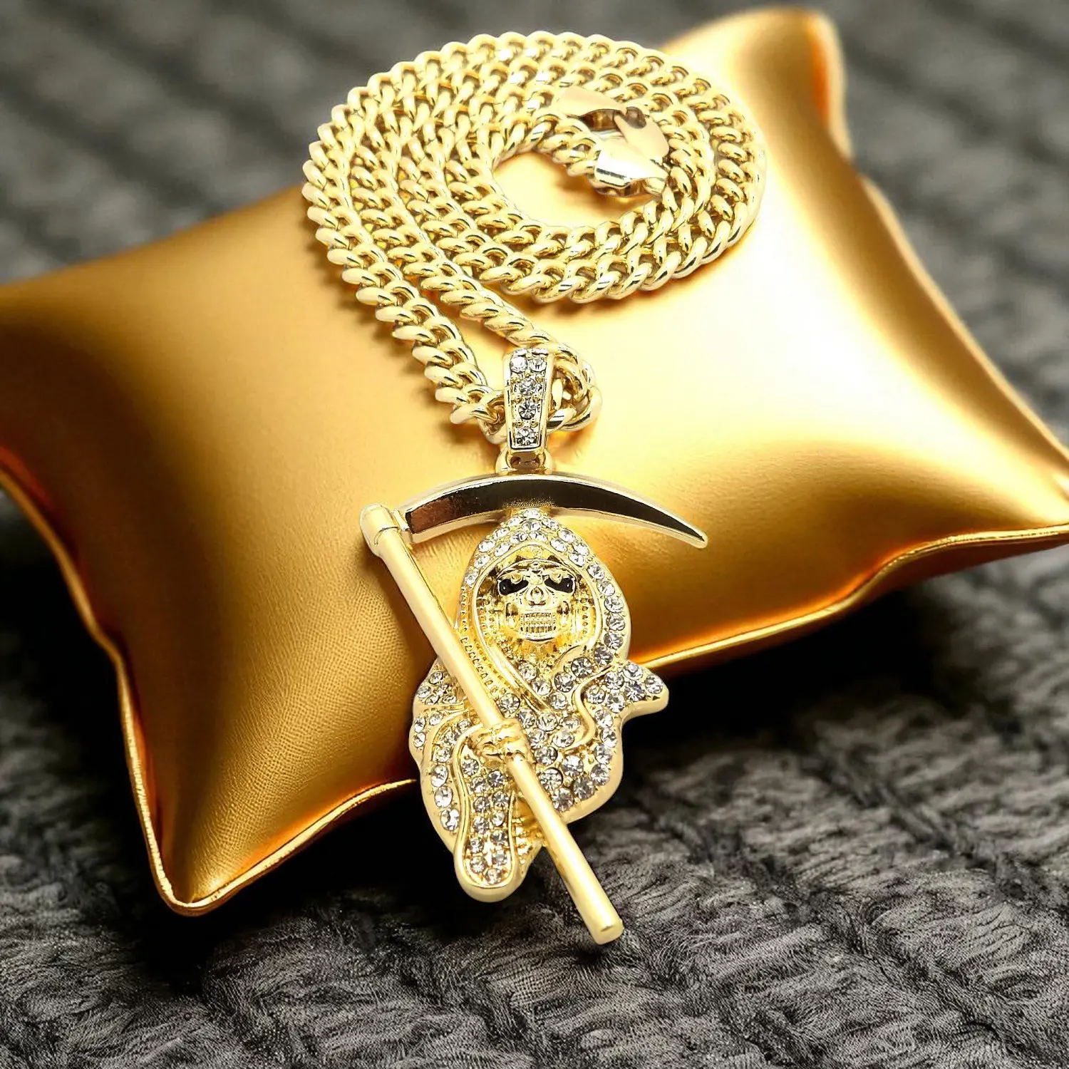 MaxBling81 Hip Hop Grim Reaper Pendant Necklace for Adults, Iced Out CZ with Gold-Plated Brass 4mm Cuban Link Chain for Casual Wear, Daily Wear