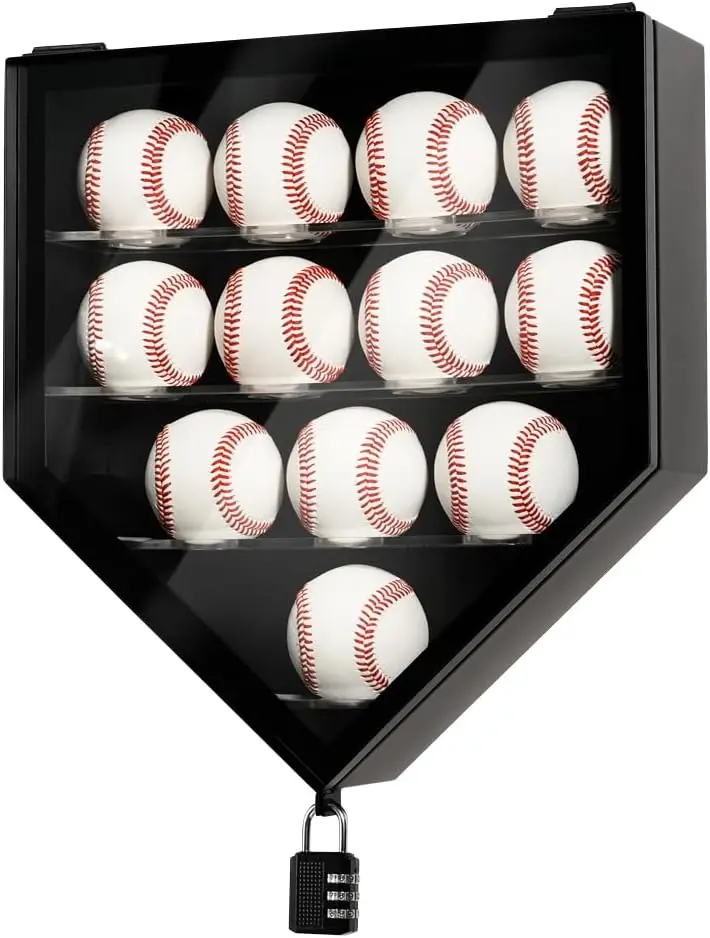 J JACKCUBE DESIGN Baseball Display Frame Case 12 Balls Holders with UV Protection Acrylic Door Wall Mount Shadow Box Cabinet Shelf for Home Run Autographed Collection Memorabilia Ball- MK955A