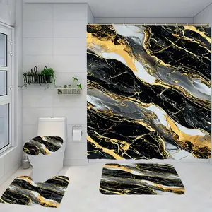 Marble Pattern Bathroom Set Includes Shower Curtain and Rug, Non-Slip Bath Mat, U-Shaped Toilet Lid Cover Pad, Modern Home Decor Accessories, Bathroom Decoration Accessories