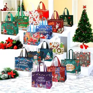 16/32Pcs Christmas Bags 16 Festive Styles Reusable Holiday Tote Bags for Gifts Party Favors Premium Non-Woven Fabric Versatile Christmas Decorations Wedding Souvenirs Large Capacity Festive Designs tote foldable shopping