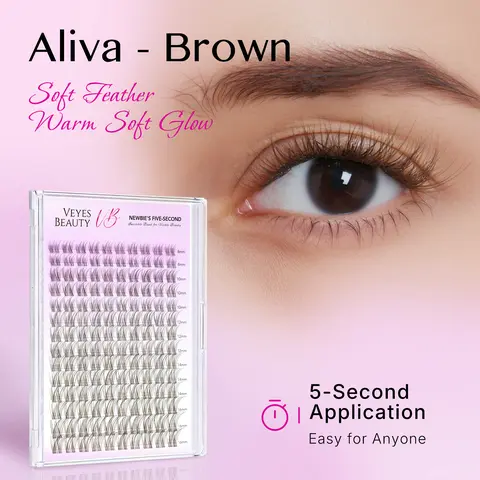 VEYESBEAUTY Brown Aliva Lash Cluster Extensions Kit - Faux Mink Dramatic Wispy PBT Fiber Lashes, Layered Design, 5-Sec Setup for Newbie At-Home Makeup Application, Eyelash Clusters Kit