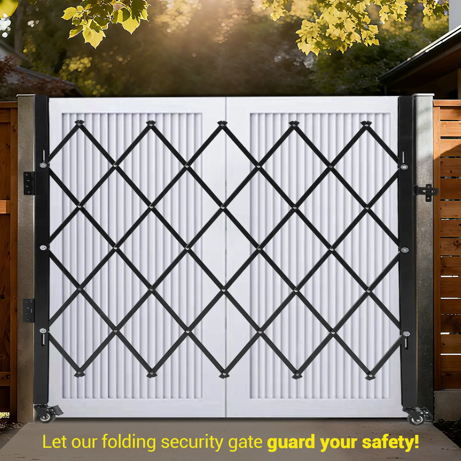 Single Folding Security Gate, 87"H x 85"W Lockable Retractable Scissor Gate, Heavy-Duty Steel Barricade with 360° Swivel Casters for Courtyards Garages Gardens Pool