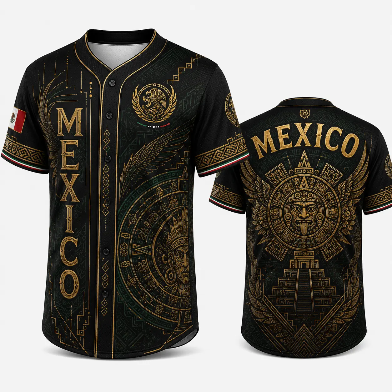 Men's 2026 Mexico-Inspired Black Gold Button-Down Baseball Jersey, Winged Aztec Sun Calendar Graphic, Temple Back Print, Short-Sleeve Soccer Fan Tee, Mexico 2026 Soccer Apparel, Mexico 2026 Jersey, Soccer Jerseys tiktokshopbacktoschool