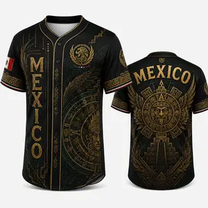 2026 Mexico Inspired Black Gold Button Down Baseball Jersey for Men, Winged Aztec Sun Calendar Graphic, Temple Back Print, Short Sleeve Soccer Fan Shirt, Casual Futbol Game Day Tee
