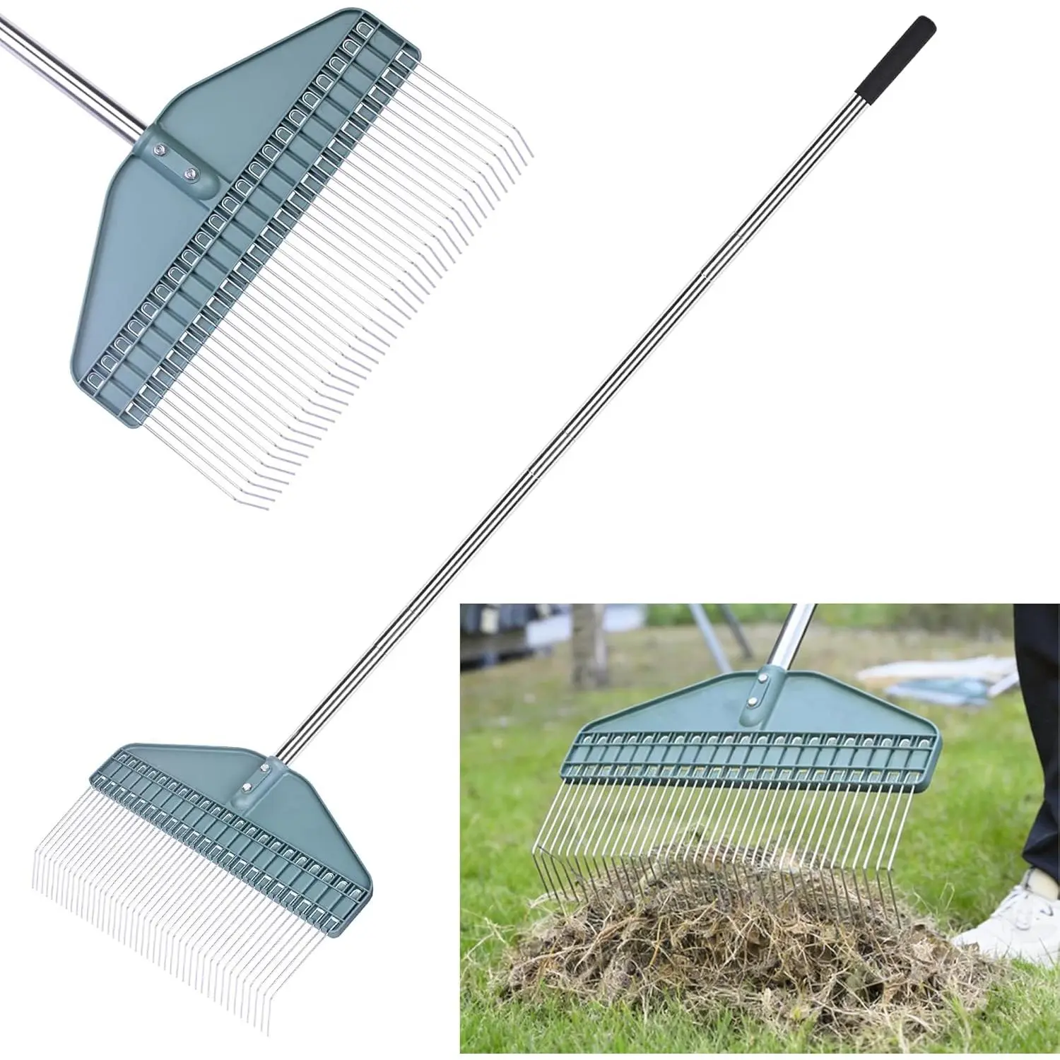17" Wide Dethatching Rake with 66" Adjustable Handle, Garden Tool for Patio & Lawn, Cleans Dead Grass, Thatch, Pine Needles, Acorns