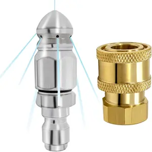 2 Pack Sewer Jetter Nozzle Kit with Pressure Washer Coupler, Stainless Steel 1/4" High Pressure Drain Jet Hose Nozzle, Brass 1/4" NPT Quick Connect Fittings, 5000 PSI for Pipe & Clog Cleaning