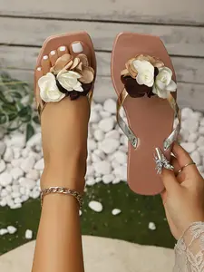 Elegant Beach Vacation Sandals, French Style Gentle Petal Design, Summer Atmosphere Casual Wear, Open Toe Comfortable Slippers