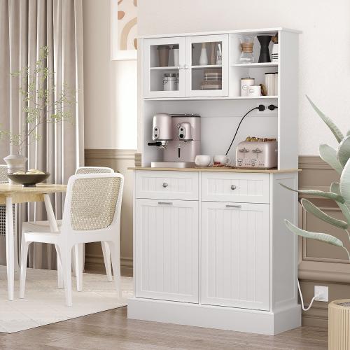 Bellemave HOMCOM 68" Multi Purpose Organized Open Storage Kitchen Furniture Cabinet with Charging Station, 2 Tilt-Out Trash Cabinets, Microwave Stand, Glass Doors & Adjustable Shelf, Freestanding Hutch, Open Storage Cabinet, Multi Purpose Kitchen Furnitur