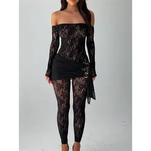 Women Lace Jumpsuit, Long Sleeve Off-Shoulder Patchwork Sheer Jumpsuit Slim Fit Fall Clubwear