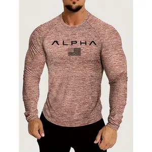 Men's Slim Fit Long Sleeve Athletic Shirt - Quick-Dry, Breathable Polyester with Alpha Graphic Design for Running, Gym, and Casual Wear, Gym Clothes