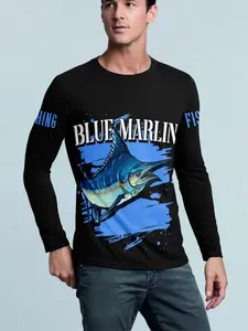 Men's Fishing Long Sleeve Shirt, Base with Blue Marlin Graphic, Breathable Polyester, Ideal for Outdoor Casual Wear