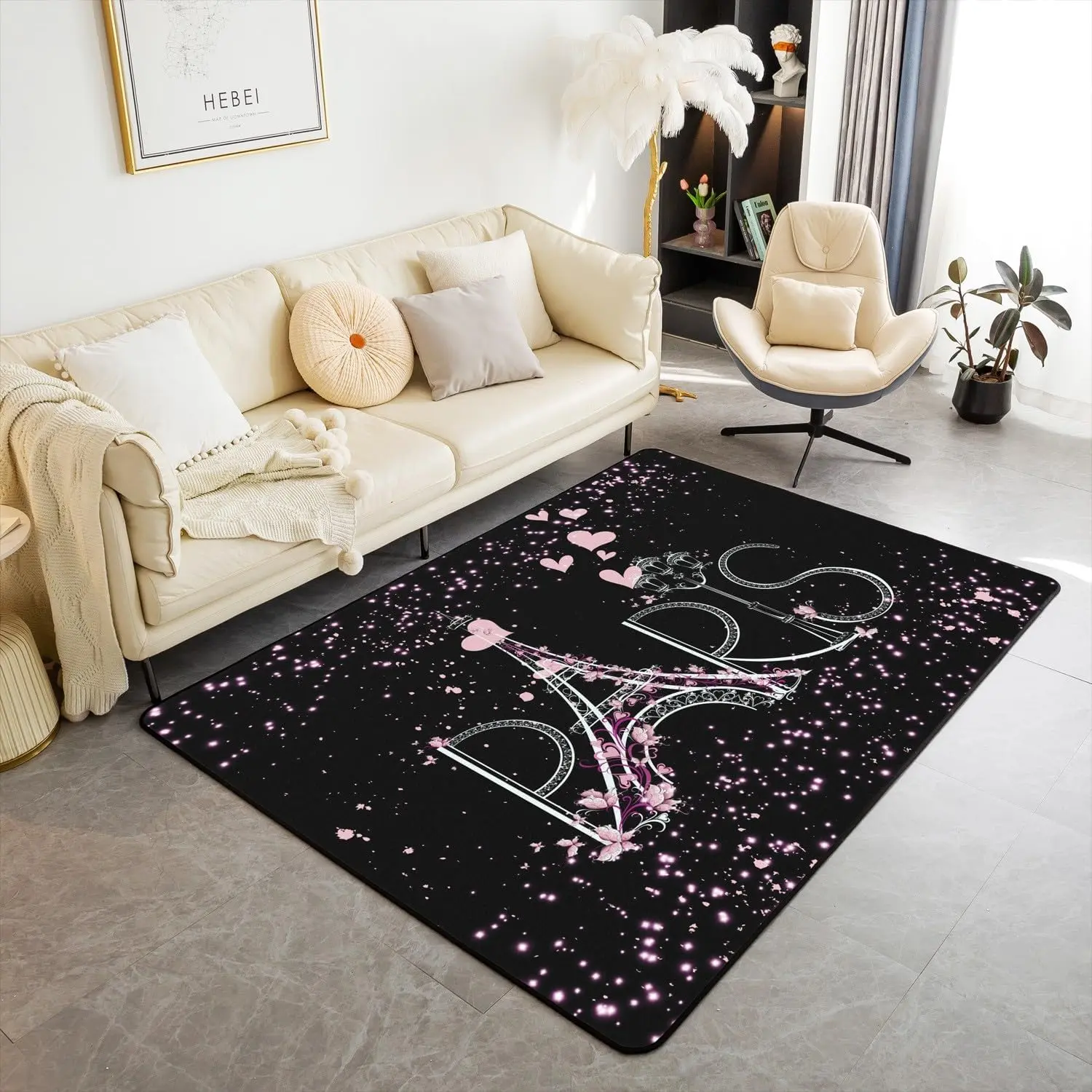 Feelyou Paris-Themed Area Rug - Black Pink Eiffel Tower Design, Cushiony Unique Funky Themed Rug, Romantic French Décor, Ideal Valentine Gift, Modern Indoor-Outdoor Living Room Floor Mat, Unique Funky Rugs, Paris-Themed Area Rugs