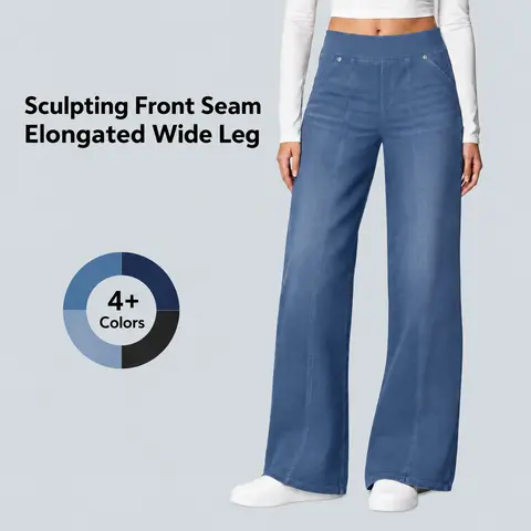 FireSwan Women's High-Waisted Stretchy Wide-Leg Knit Mom Jeans - Plus Size Fashion Women's Clothing, Denim Look, Plain Ankle-Grazing Maxi Length, Seam Stitch, Pockets, Waist-Shaping, Leg-Elongating, Machine-Washable, Classic Style, Daily Wear Comfort