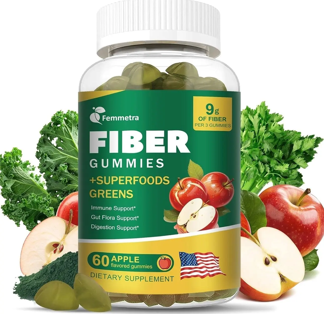 13-in-1 Prebiotic Fiber Gummies for Adults - Fiber Supplement for Women and Men with Greens Blend, Inulin & ACV for Digestive, Gut Health - Sugar Free, Apple Flavor, 60 Vegan Gummies