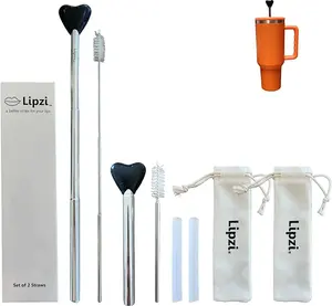 Lipzi Telescoping Stainless Steel Straw Set - Anti-Wrinkle & Adjustable Silicone Tip - Compatible with Stanley 40oz Tumblers - Includes Brush, Extensions, and Pouch - Stylish Drinkware
