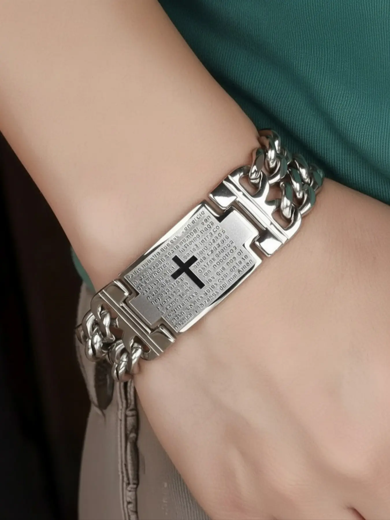 Men's Punk Style Stainless Steel Hand Bracelet, Waterproof & Colorfast Design, Ideal Gift Choice, All-Season Wear, Cuban Link Bracelet, Letter Link Bracelet