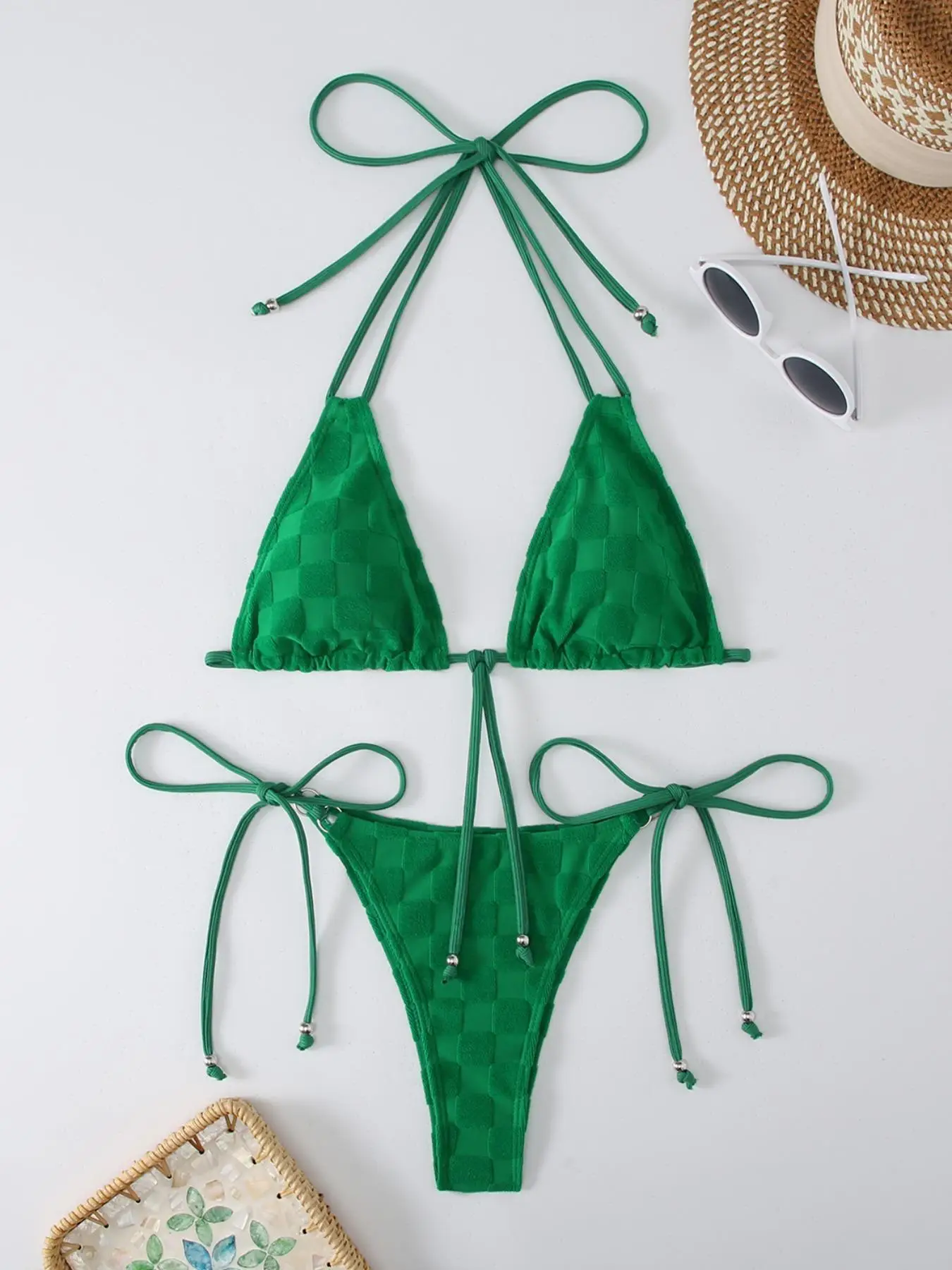 Women's Plaid Pattern Tie Back Bikinis Set, Women's Swimsuits, Casual Halter Triangle Swim Top & Tie Side Swim Bottom, Swimsuit Sets, Bathing Suits 20