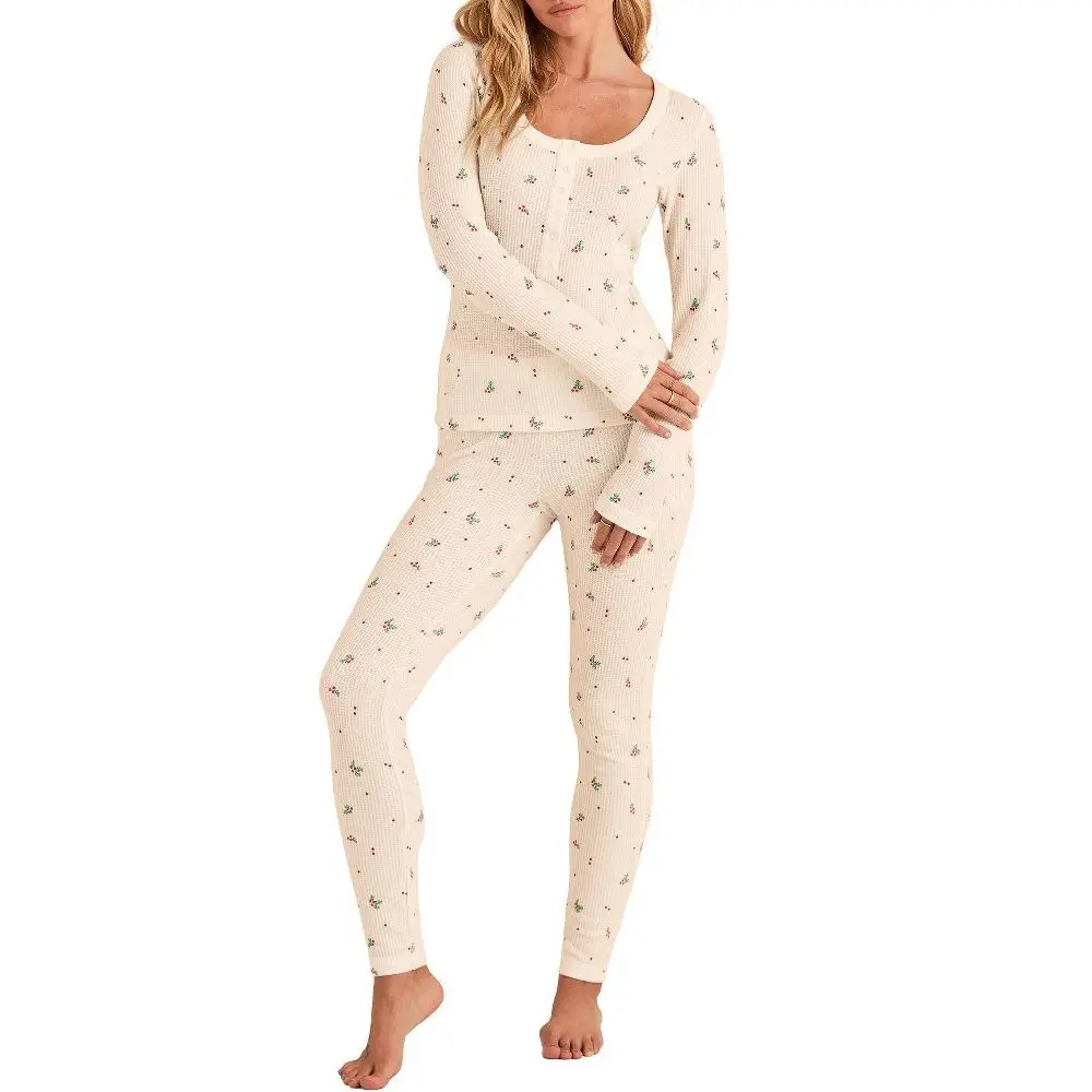 Adore Me Women's Kathy Waffle Pajama Set - Size M, Berry Christmas C01 Beige, Spandex Apparel with Pullover Blouse & T-Shirt Sleepwear