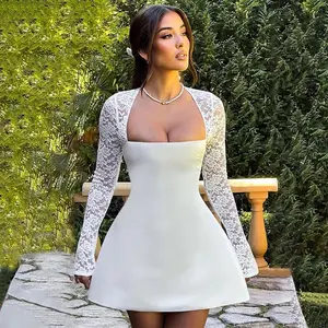 Summer Short Wedding Dresses For Women Beach Boho Style Mini Bridal Gowns Women's Wedding Engagement Dresses Mini Lace Long Sleeve Short Dress
