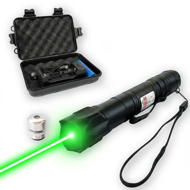 Green Presentation Pointer with Adjustable Focus and Kaleidoscope Cap, Rechargeable Aluminum Alloy Handheld Design with Pocket Clip, Battery Charger and Storage Case