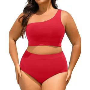 Tempt Me Women Plus Size High Waisted Bikini Two Piece One Shoulder Swimsuit