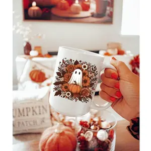 [Sale off up to 50%] Floral Ghost Mug 11oz 15oz Cozy Halloween Mug with Pumpkin & Reading Ghost Mug - 90s Retro Gift for Her Spooky Lover