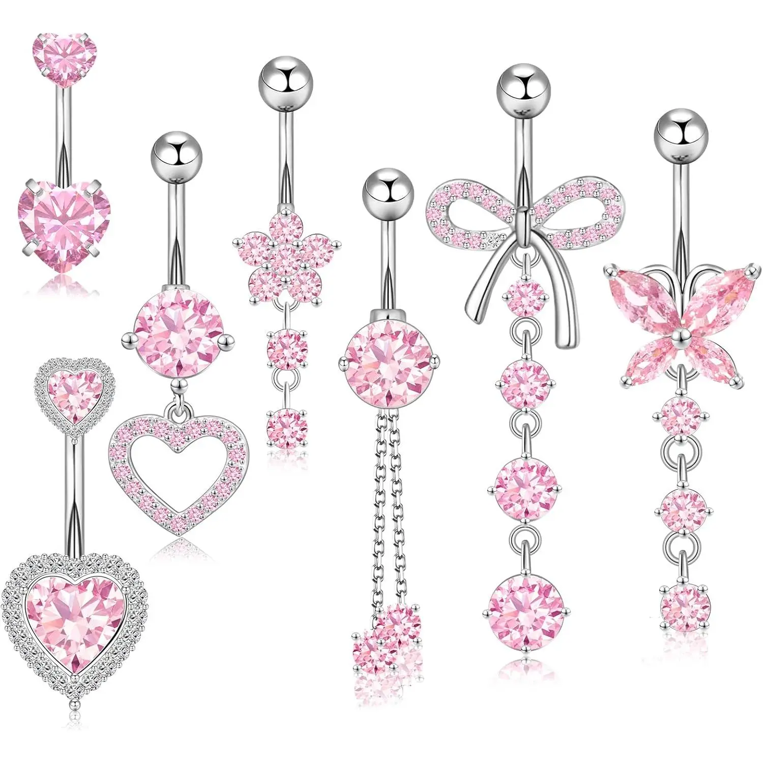 7 pcs pink Stainless 14G Belly Button Ring Dangle Belly Button Piercing Surgical Stainless Steel Belly Rings Cute CZ Heart Butterfly Flower Dangling Belly Piercing Jewelry for Women Makeup Decoration Beautiful Trendy Style