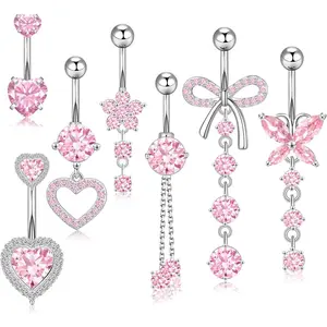 7 pcs pink Stainless 14G Belly Button Ring Dangle Belly Button Piercing Surgical Stainless Steel Belly Rings Cute CZ Heart Butterfly Flower Dangling Belly Piercing Jewelry for Women Makeup Accessory Decoration