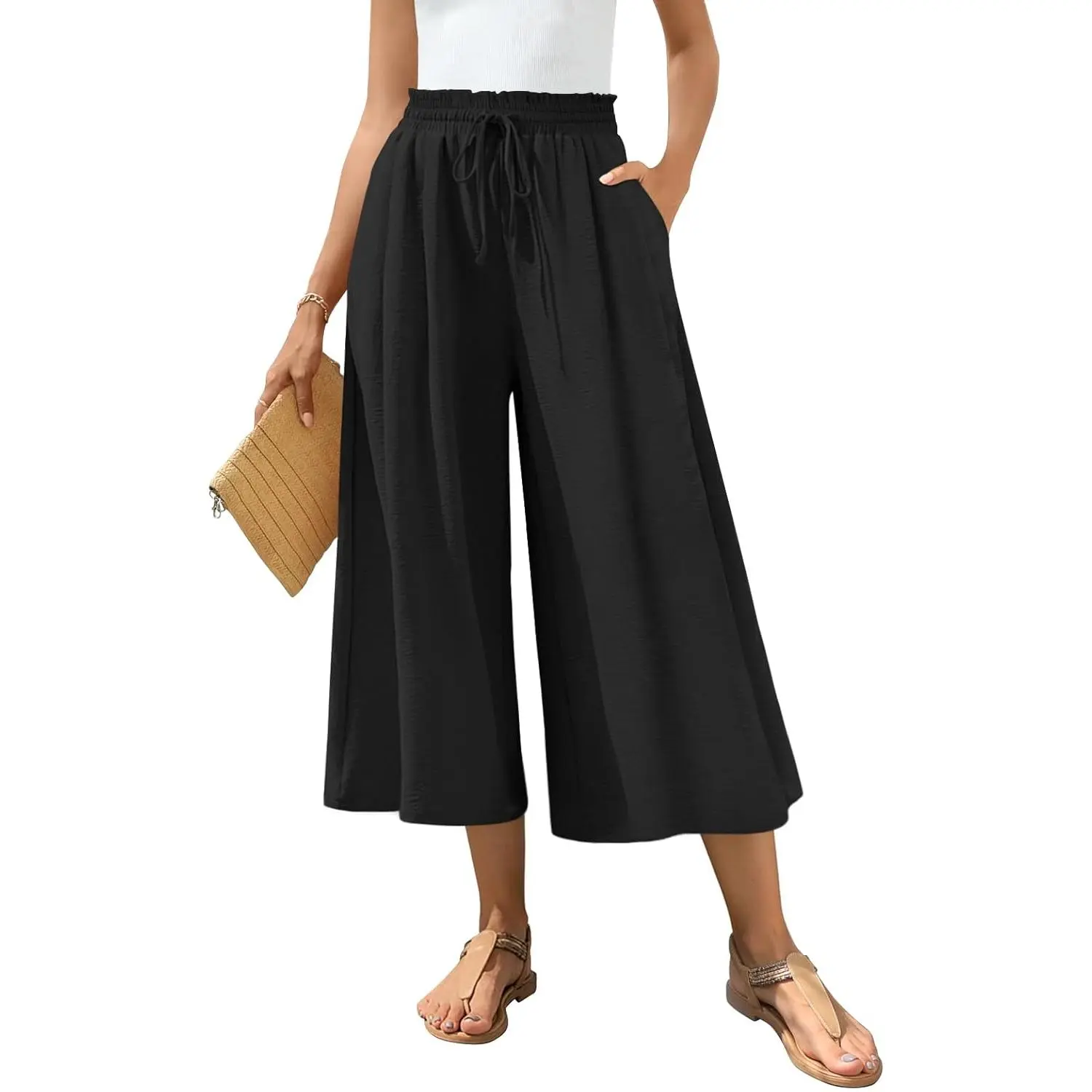 Women's Wide Leg Cropped Pants, Dressy Business Casual Culottes with Pockets, Soft Stretch Elastic High-Waist with Drawstring, Cropped Legs, Multi-Size, Do Not Use Dryer, Lightweight Fabric, Breathable Wear, Flowy And Dressy, All Seasons, Loose-Fitting, C
