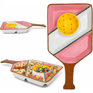 Ceramic Shaped Pickleball Serving Tray Bowl - 3-Section Divided Snack Platter with Handle, Kitchenware Appetizer Server for Party Entertaining