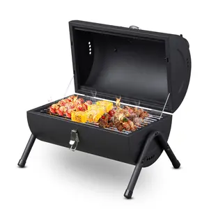 Portable Charcoal Grill with Thermometer & Wooden Handle, Multi-functional Metal Compact Tabletop BBQ Outdoor Charcoal Grill for Camping Travel Picnic