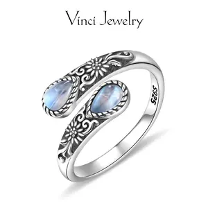 S925 Sterling Silver Moonstone Women's Adjustable Thumb Open Ring, Victoria Vintage Style Hypoallergenic Nickel Free, Retro Floral, Lucky, Faith, Mother's Love Ring, Bohemian Vintage Style, Daily, Party, Holiday, Valentine's Day, Halloween, Easter Gift