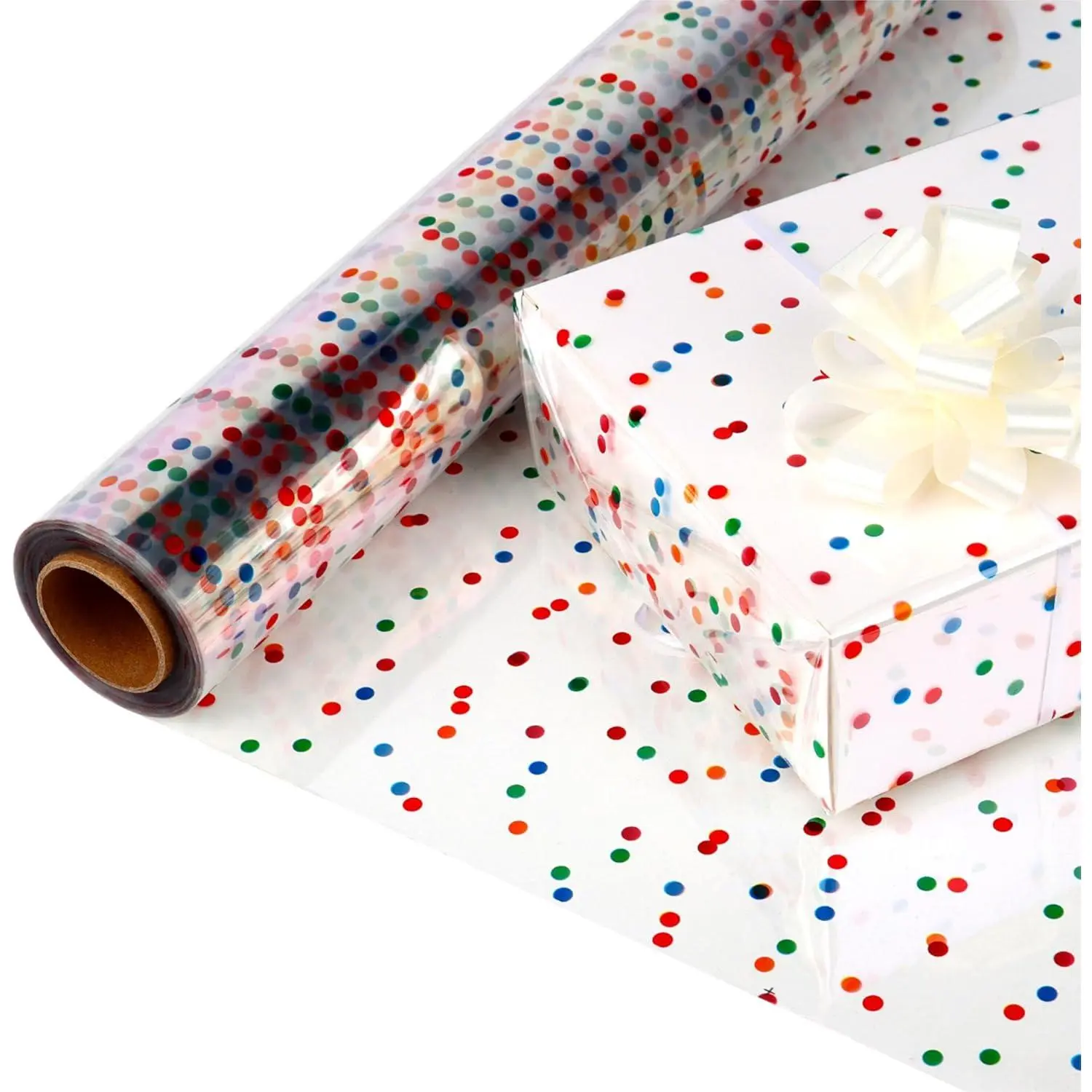 Extra Wide Clear Cellophane Wrap Roll(17" x 100'Ft) Multicolor Polka Dots Transparent Thicker Cellophane Roll, Cellophane Wrap for Easter  baskets,, Holiday,Christmas Decorations