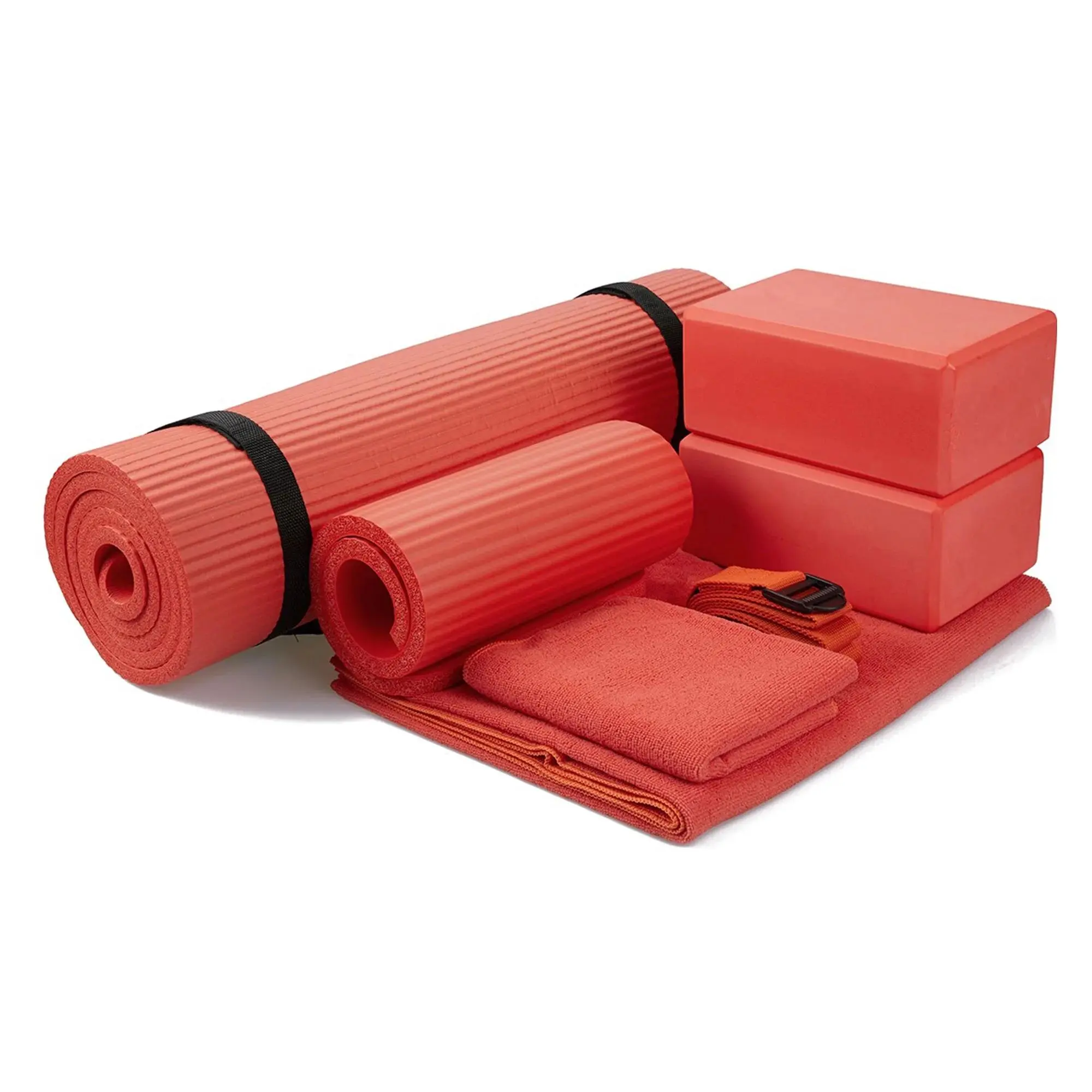 Balancefrom Complete 7-Piece Yoga Set with 71” X 24” X0.5” Extra Thick Mat, Red BalanceFrom