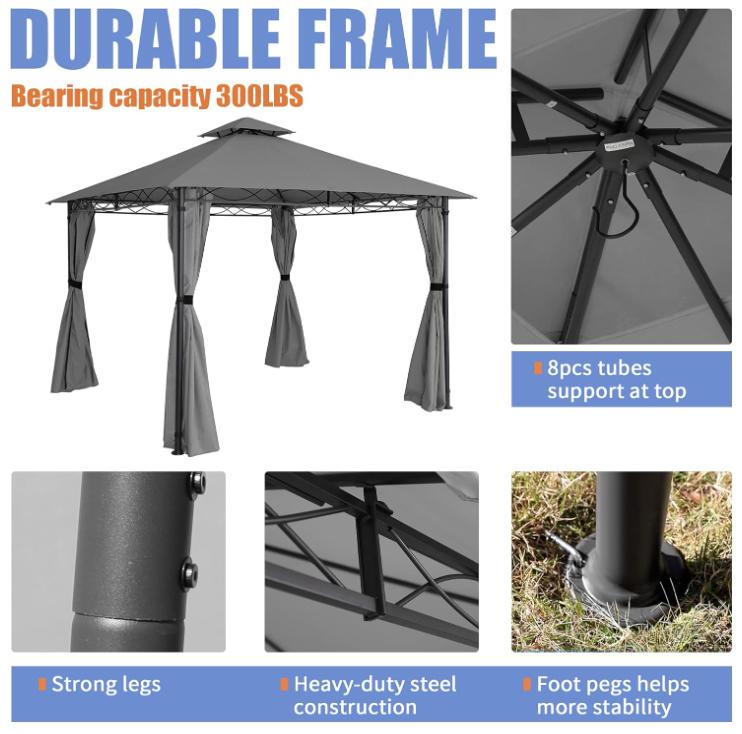 10'x10' Gazebo for Patios, Double Vent Outdoor Canopy with Curtains & Sand Bag, Outside Patio  Lines Decorative for Backyard (Dark Grey) pergola