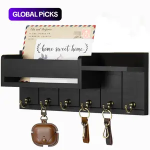 Wall-Mounted Key Organizer, Wooden Wall Shelf with 6 Key Hooks and Mail Sorter, Home Organizer for Entryway and Living Room