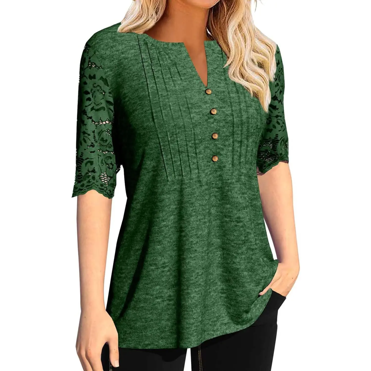 Imily Bela Essentials Women's Lace Sleeve Summer T-Shirt V-Neck Botton Up Basic Solid Color Casual Tunic Tops