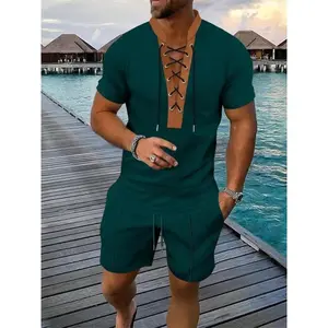 Men'sSolidColorLaceUpShortSleeveShirt&ShortsTwo-pieceSet,RegularFitCasualFashionCozyBreathableShortsleeveSetforSummer,Men'sClothesforDailyWear