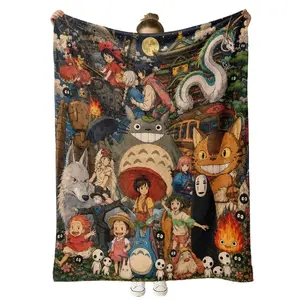 Studio Ghibli All Characters Flannel Blanket Vintage Watercolor Print Starry Night Background Ultra Soft Cozy Plush Throw Blanket for Miyazaki Fans Bed Sofa Bedroom Decor Birthday Gift