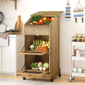48" Farmhouse Potato Storage Bin, Wooden Bread & Vegetable Storage Bin with Wheels, Kitchen Pantry Food Storage Organizer for Onion Fruit, Brown