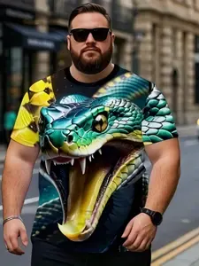 Bold 3D Snake Full-Body Print Plus Size Men's Short Sleeve T-Shirt, Casual Loose-Fitting Long Tee for All Seasons