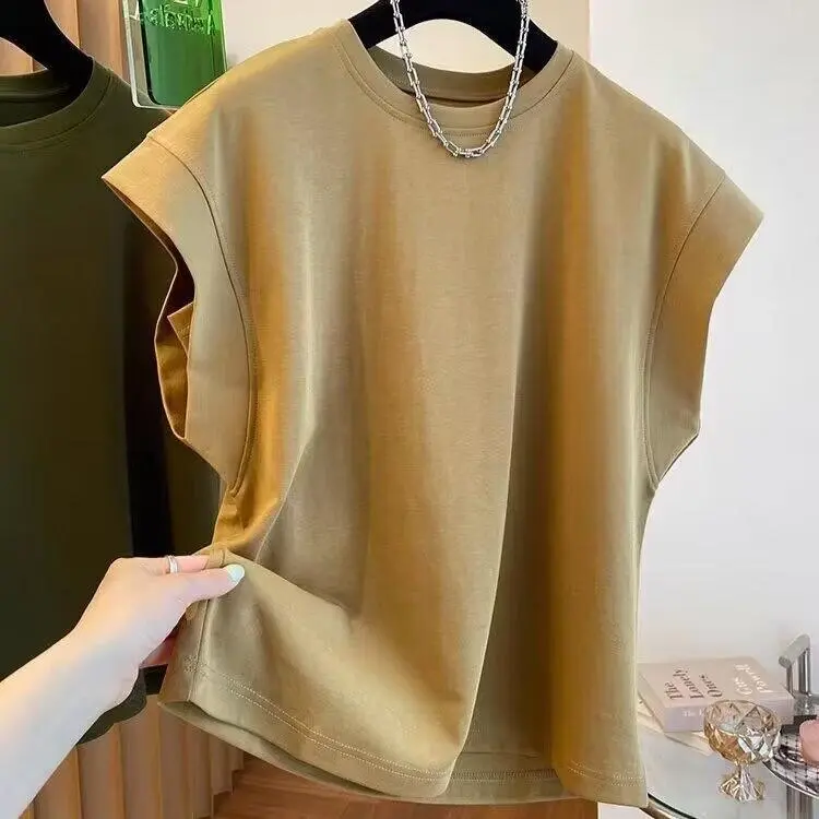 Korean Style Design Sense Niche Sleeveless T-Shirt Short Sleeve Men's Loose Tank Top Summer Trend Green Streetwear Sweater Menswear Fabric Polyester Round Neck Thin Hoodie Tshirt