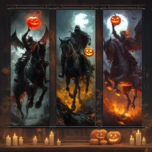 Halloween Hanging Banner, 3 Counts/set Scary Pumpkin Knight Poster with Gift Box, Halloween Party Poster, Living Room Decoration